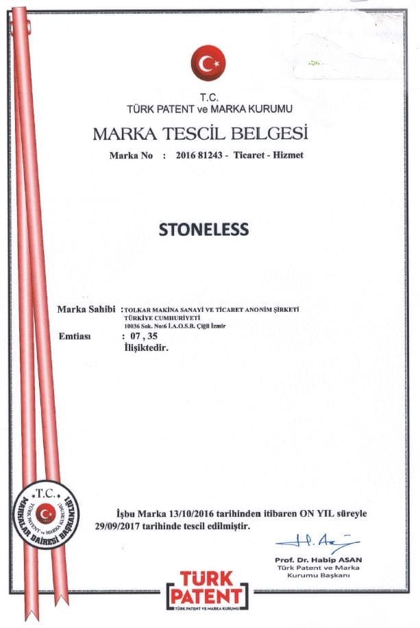 stoneless marka tescil belgesi 722